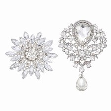 Rhinestone Flower Brooch Pins Set, Sunflower & Tear Drop Brooch Pin, White