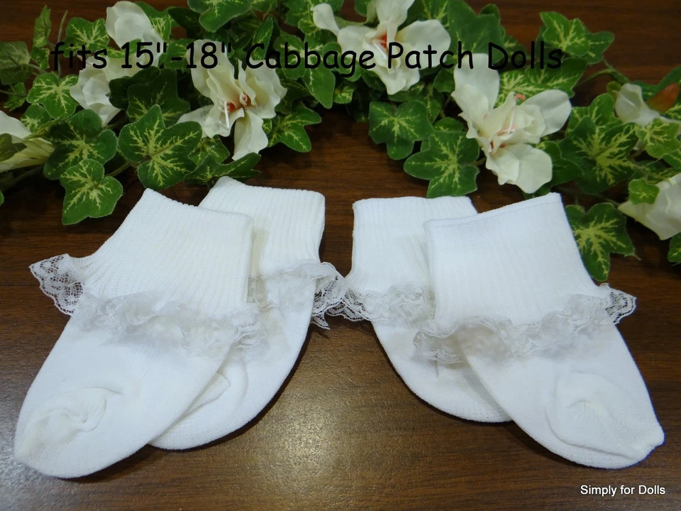 Set 2 pair WHITE Ribbed LACE SOCKS fits 15" - 18" CABBAGE PATCH KIDS Dolls