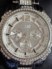 Pre loved ladies S/steel Guess watch with multi function crystal pave dial.