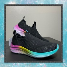 Skechers Kid's Girls Ultra Flex 3.0 Black Shimmer Rainbow Glitter Sneaker SlipOn