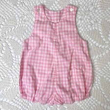 Vintage 1970s Baby Girl 18 Months Pink Gingham Tulip Pocket Bubble Romper