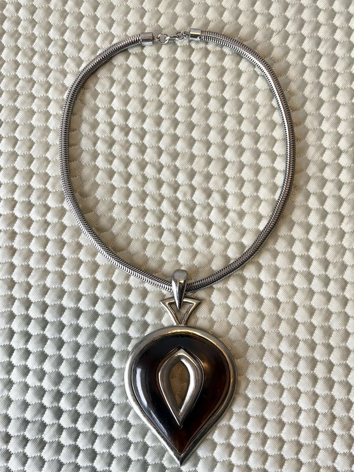 "Collar colgante Lanvin llamativo marrón y plata con cadena serpiente 19"" ¡RARO! Foto 4 de 4