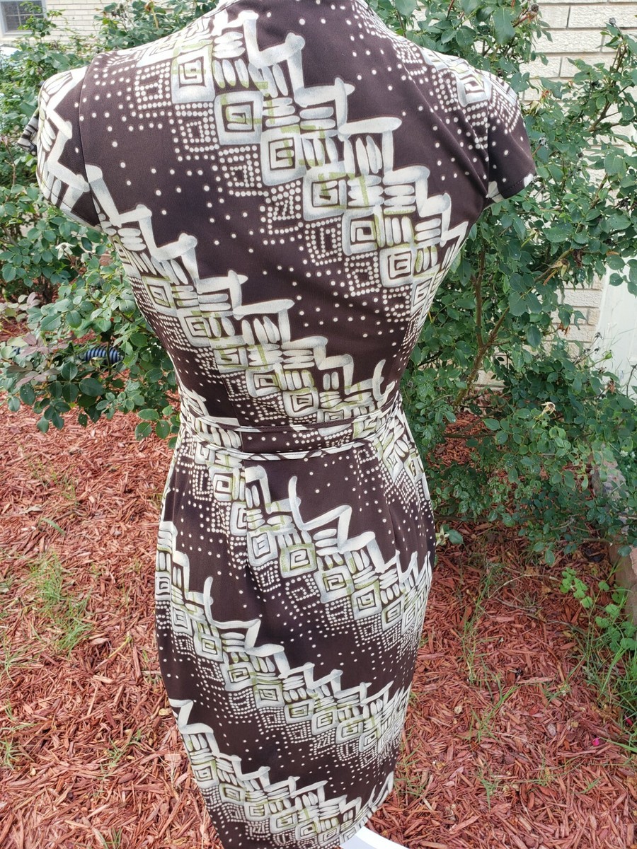 BCBG MAXAZRIA Dress Wrap XS Brown Cream Green Career Casual Vneck | eBay