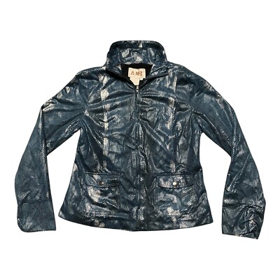 AMI Jacket Womens S Blue Fake Snake Skin Flap Pockets Long Sleeve Full Zipper