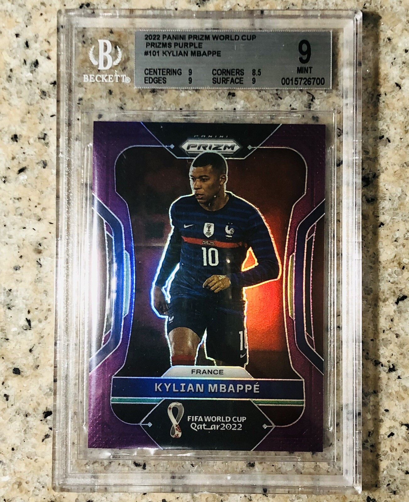 2022 Panini FIFA World Cup Qatar Kylian Mbappe Purple Prizm /199 BGS 9 #101