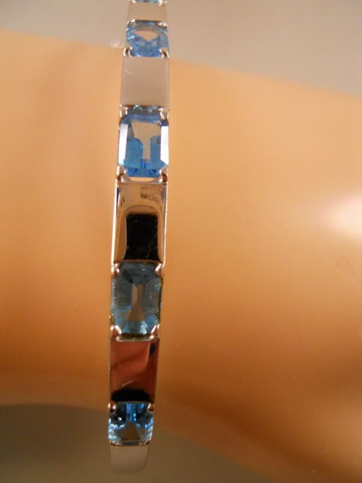 BRAZALETE RIINE ORO BLANCO 14K CORTE ESMERALDA TOPACIO AZUL 6 1/2" 14,26 GRAMOS Foto 4 de 4