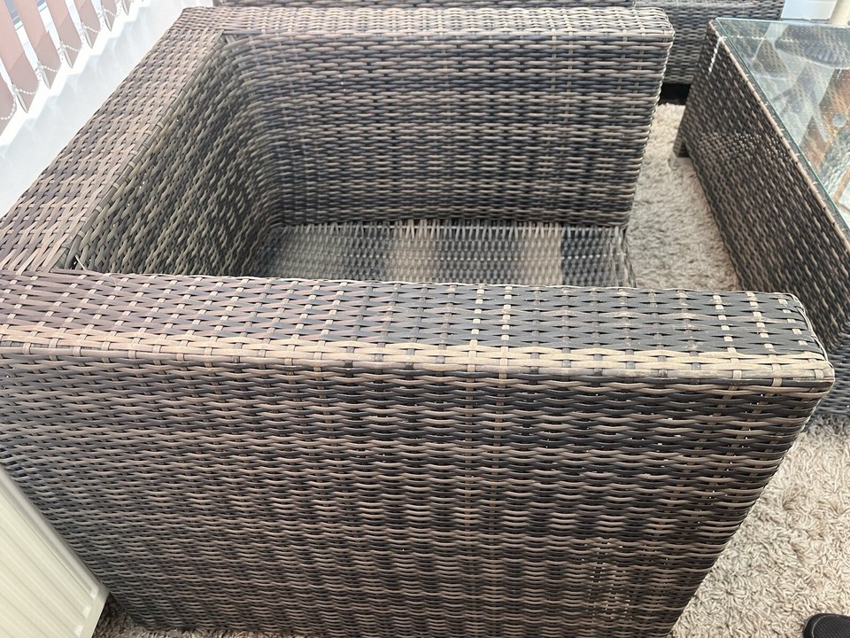 Rattan Sofa & Chair & Glass Coffee Table Patio Set /Cushions( Read