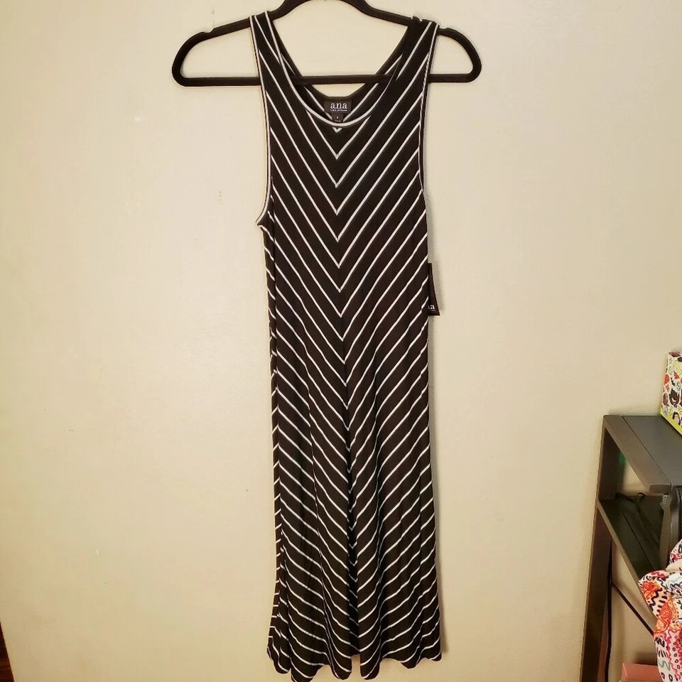 Maxi Vestido Ana Blanco y Negro Rayas Sin Mangas Cuello Redondo Talla Pequeña Nuevo con Etiquetas Foto 4 de 4