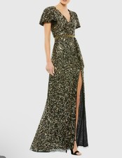 Mac Duggal Black /Gold Sequined Wrap Over Butterfly Sleeve Gown Sz 12 New