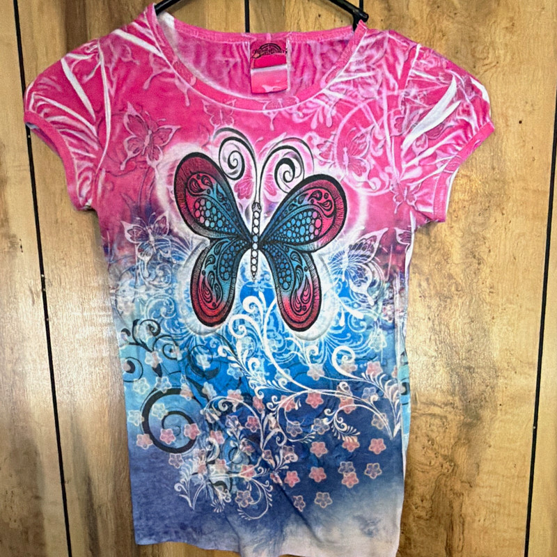 Habitat Ginger Girls M 7/8 Pink Blue Butterfly Glitter Graphic Cotton Tee