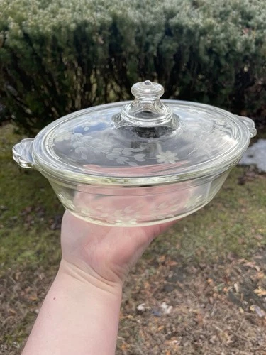 Pyrex 1920s Oval Casserole w Floral Etched Lid | Antique Glass