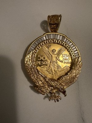 Centenario 50 Pesos Pendant Mexican Angel Eagle CZ Baguette Frame