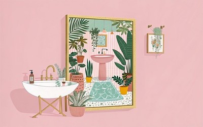 Botanisches Waschbecken Badezimmer Fliese Zimmerpflanzen hängend Makramee vielseitig Galerie Illus