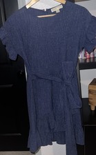 Michael Kors Dress (Navy Blue) Crinkle Gauze Ruffle, Wrap Belt, Flutter Sleeve