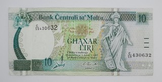 1994 Bank Centrali Ta' Malta 10 Maltese Lira Banknote P 47c No. C59 430632