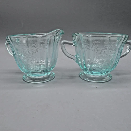 Vtg Indiana Glass Federal Madrid Recollection Teal Cream and Sugar Bowl