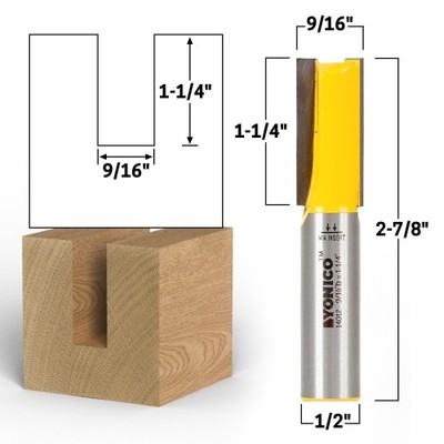 9/16'' Diameter X 1-1/4'' Height Straight Router Bit - 1/2'' Shank - Yonico 14012