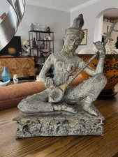 LARGE 14" ANTIQUE THAI SIAM BRONZE BUDDHA SARASWATI SCULPTURE STATUE