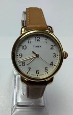 Timex Standard Womens Watch Indiglo Gold Tan Leather White Dial WR50 New Battery
