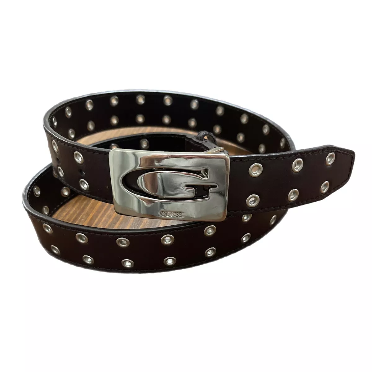 Guess women s belt brown leather silver buckle double row grommets