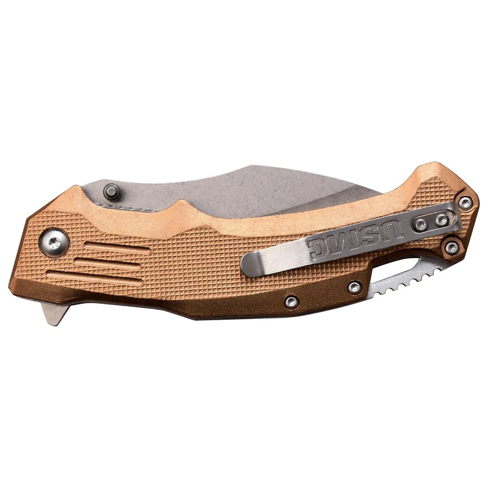 Navaja de bolsillo USMC MARINES abierta asistida por resorte con licencia oficial bronceada EDC Foto 2 de 4