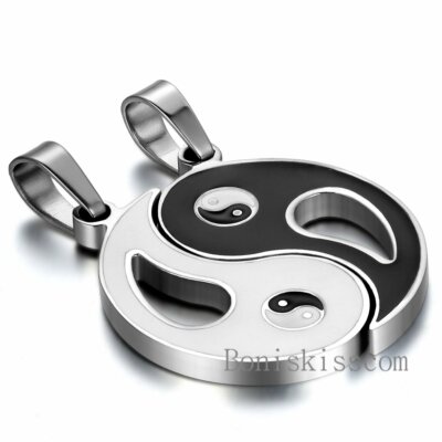Couple Stainless Steel Yin Yang Tai Chi Bagua Pendant Necklace Black Silver