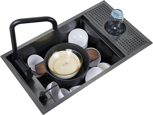 Hidden Bar/Cafe/RV/kitchen Sink wFoldable Faucet &Glass Rinser Set Black 23 INCH - Picture 2 of 7