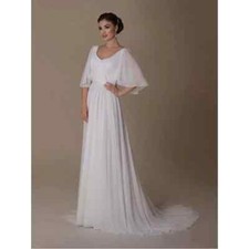 White Chiffon Patient Gown Half-sleeved Wedding Dress Floor-length V-neck A-line