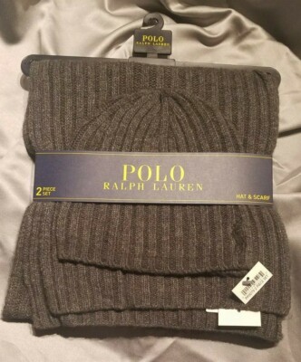 Polo Ralph Lauren Gray Lamb's Wool Blend PONY Hat & Scarf Set SHIPS FREE