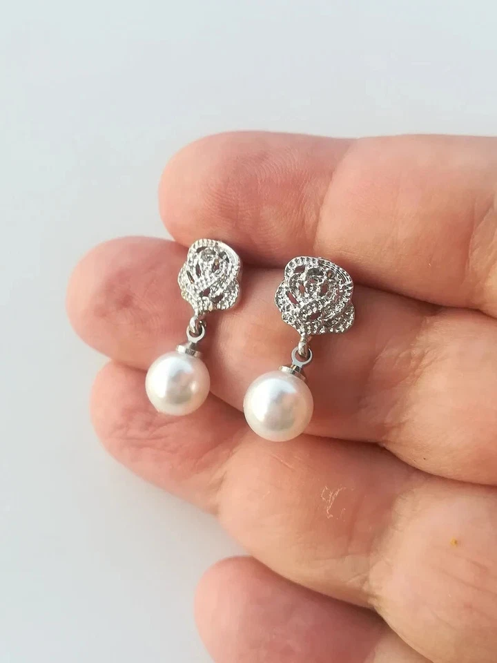 ORECCHINI GOCCIA PERLA BIANCA CON ROSA D'ARGENTO, ORECCHINI DA SPOSA CON ZIRCONI - Immagine 4 di 4