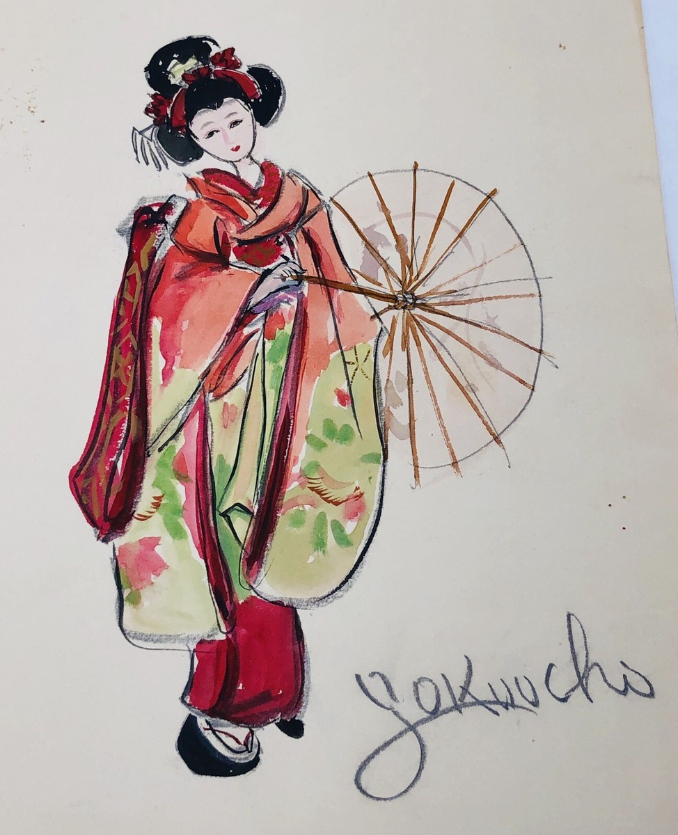 芸者ガール 浮世絵 ペイント画 Geisha Girl Vintage Japanese Geisha Girl Watercolor & Pencil On Paper Signed