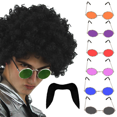 HERREN 70ER JAHRE SCHWARZ AFRO PERÜCKE SCHNURRBART UND HIPPIE BRILLE KOSTÜM SET