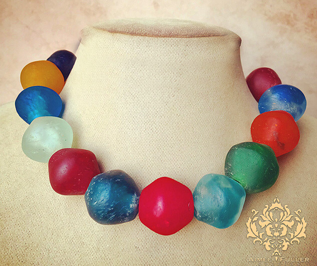 African Krobo Tribe Crushed Recycled Glass Necklace Matte Gems