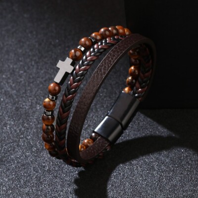 Tiger Eye 3 Strands Christ Cross Genuine Leather Men Protection Bracelet Gift