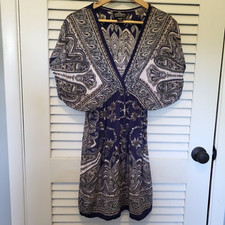 Angie Women's Dress Large Bohemian Navy Blue White Gray Paisley BOHO Sundress