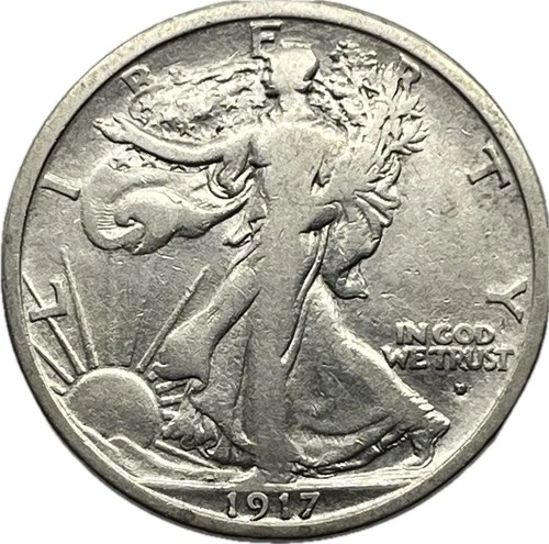 1917-D Obv Walking Liberty Silver Half Dollar in a SAFLIP® - VF- (Fine+) Details