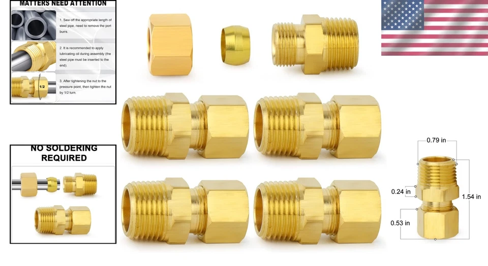 Brass Compression Tube Fitting 1/2 Inch NPT Union Connectors 5 Pack - Image 2 of 4