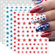 4th of July Nail Art Stickers, 6 Sheets Shiny Star Nail Red White Blue Star