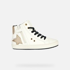 GEOX Kalispera Sneakers Girls 3 Ivory Platinum Leather Side Zipper Shoes JOBB998