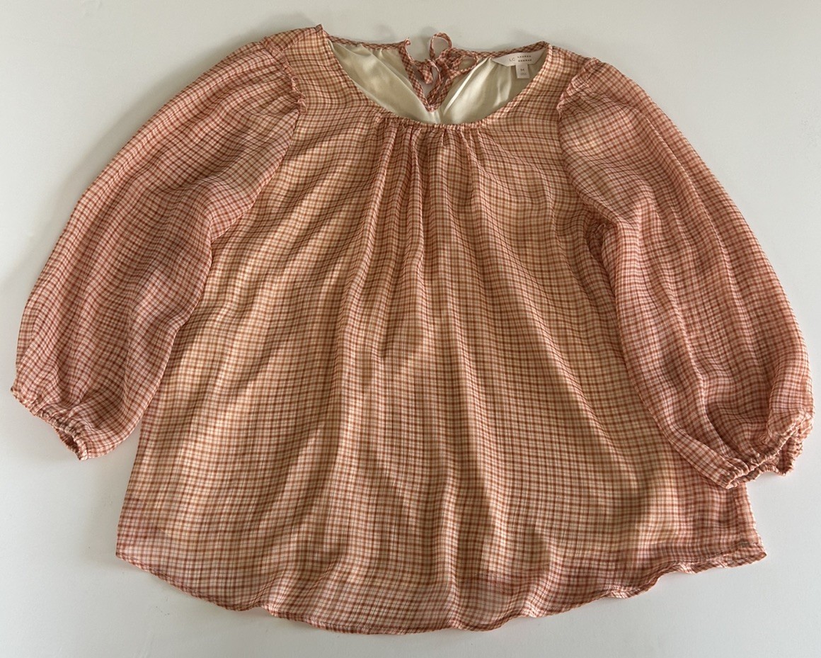 Lauren Conrad Women's Size M Orange Cream Gingham Plaid cottage core  Blouse