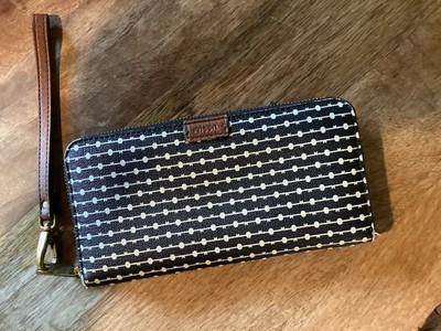 Fossil Wristlet Wallet Black With White Dot Stripe Leather Trim Zip Around
