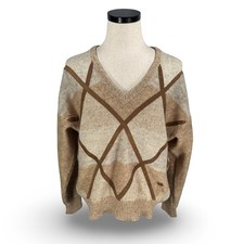 Vintage Gucci Mens V-Neck Sweater 50 Mohair Wool Geometric Tan Brown Leather