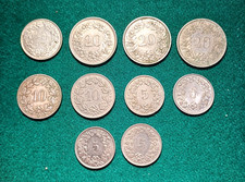 COLLEZIONE di DIECI MONETE RAPPEN SVIZZERE.   1924 THRU 1975