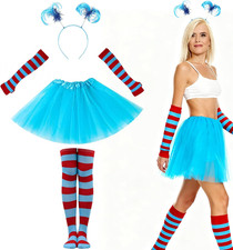 4 Tulle Tutu Costume Set for Women, Blue Tutu Skirt Striped Socks Stretchy Glove