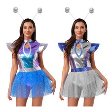 Womens Alien Robot Astronaut Shiny Tulle Hem Bodysuit Dress Cosplay Costume