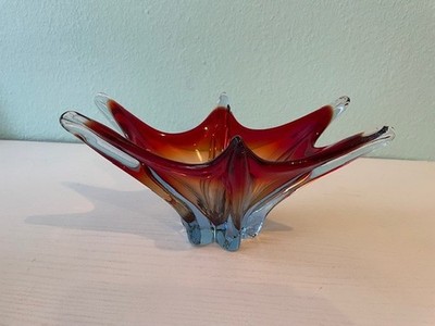 Vintage Murano Glas Schale 60er-70er, rot / hellblau, klar, Top-Zustand