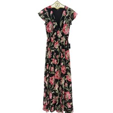 Lulus Floral Maxi Dress XS Black Pink Romantic Flutter Sleeve Wedding Guest Boho