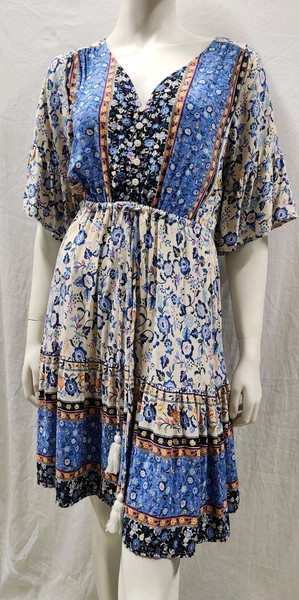 MIRACLE sz S 10 Boho Print Fit & Flare Summer DRESS Cinch Waist A-line Maxi #hng