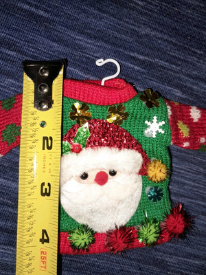 Ugly Christmas Sweater Ornament With Santa Face, Pom Poms & Sequence Adorable 