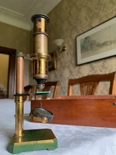 Small Compact Portable Antique Monocular Brass Microscope, Cased